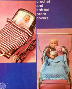 an advertisement for a baby's crochet and knitted pram covers