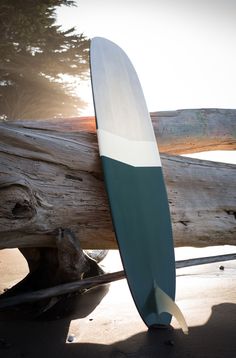 a surfboard leaning against a log on the beach