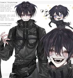 two anime characters with black hair and white teeth, one wearing an all black outfit