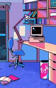 an image of a computer room with desk and bookshelf in the corner, as if it were pixel art