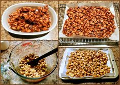 four pictures showing different stages of cooking nuts