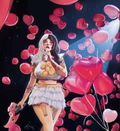 a woman with tattoos holding a microphone in front of balloons and heart - shaped shapes