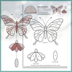 an image of butterflies with numbers and measurements on the front, side and back sides