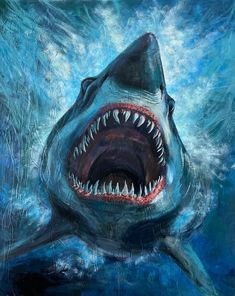 a painting of a shark with its mouth open