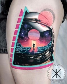 a woman's thigh with an image of a man standing in front of a space station