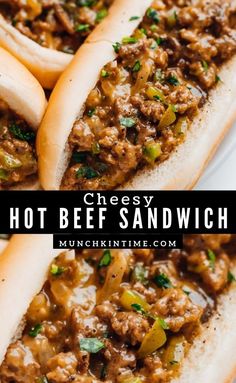 two hot dogs on buns covered in cheese and onions with the words cheesy hot beef sandwich