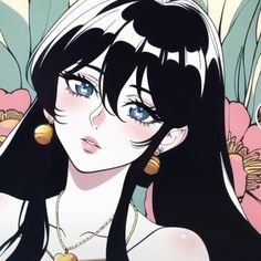 an anime character with long black hair and blue eyes