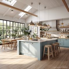 a large kitchen with blue cabinets and wooden flooring is pictured in this artist's rendering