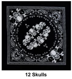 a black bandanna with skulls on it and the number one skull is in the center