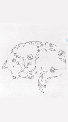 a black and white drawing of a dog laying on its side with flowers in it's mouth