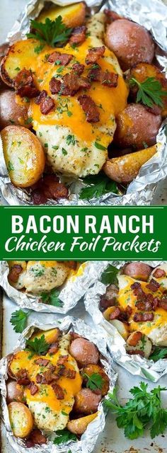 bacon ranch chicken foil packets on a baking sheet with potatoes and parmesan cheese