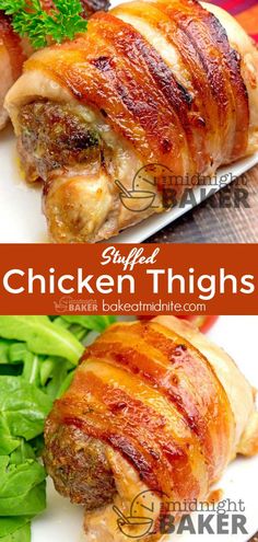 chicken thighs on a white plate with green vegetables