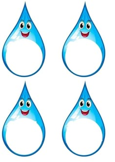 four blue water drops with eyes and one has a smile on it's face