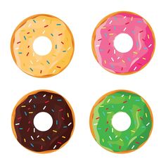 four donuts with different colored sprinkles are in the shape of a circle