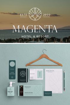 the magenta hotel and resort logo is shown above an image of a blue wall