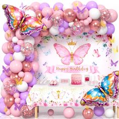 PRICES MAY VARY. 🦋 Pink Purple Butterfly Birthday Decorations - We provide 1 large size butterfly birthday backdrop, 1 tablecloth, 2 butterfly foil balloons, 24 butterfly stickers, 84 latex balloons (5"+10"+12", with 4 colors) , 100 dots, 5m balloon chain, 5m ribbon. This is a rich and complete set of butterfly birthday decorations set, perfect for every beautiful princess, woman, bride baby shower. 🦋 Butterfly Party Decorations - Rich accessories & multicolor balloons help you throw a butterf Butterfly Themed Birthday Party Backdrop, Butterfly Theme Birthday Decoration, Butterfly Theme Party Decoration, Princess Birthday Theme, Butterfly Birthday Decorations, Pink Purple Butterfly, Rich Accessories, Butterfly Birthday Party Decorations