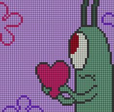 a cross stitch pattern with a green monster holding a red heart in it's right hand