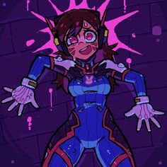 a drawing of a female character with purple paint on her face and hands, standing in front of a brick wall