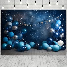 an image of a room with balloons and stars in the sky wall mural set up