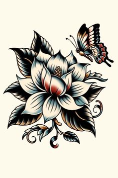 a flower and butterfly tattoo design on a white background with an orange butterfly flying over it