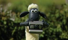 a fake sheep holding a camera in its mouth