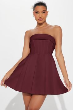 Available In Wine. Satin Mini Dress Straight neckline Strapless Corset waist Pleated Hidden back zipper Lined Length = 33" Shell/Lining: 100% Polyester Imported | Definitely Darling Mini Dress in Chocolate Brown size Medium by Fashion Nova Chocolate Fashion, Corset Waist, Halloween Top, Strapless Corset, Sweater Jumpsuit, Satin Mini Dress, Jean Top, Chocolate Brown, Fashion Nova