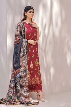 EMB Cambric Front Dyed Cambric Back & Sleeves EMB Front Back & Sleeves Lace Printed Silk Dupatta EMB Cambric Trouser EMB Trouser Lace Color: Red Home Fashion