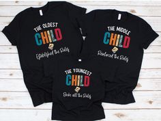 Do you and your siblings want to take matching sibling shirts for memory?or maybe wear matching funny shirts for a family gathering!? these shirts are for you to laugh and build memories!! You can also get the shirts customized if you want something different to say on them. These shirts have funny sayings for the oldest child, the middle child, the youngest child and can also include mother and daddy shirts. HOW TO ORDER?  Please look at sizing chart before placing an order. Printing on shirt i Matching Custom Print T-shirt For Family Events, Family Matching Tops With Letter Print For Gatherings, Family Matching Graphic Print Shirt For Family Reunion, Family Matching Shirts With Funny Print, Family Matching Shirt With Letter Print For Events, Family Matching Letter Print Shirt For Family Events, Family Matching Crew Neck Shirts For Gatherings, Family Matching Tops With Custom Print For Family Gatherings, Family Matching Crew Neck Shirt For Family Gatherings