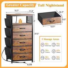 an image of a tall wooden drawer with five drawers and measurements for the widths