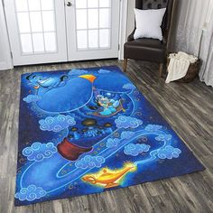 a blue area rug with an image of a cartoon character on it