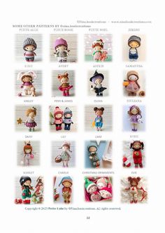 many different dolls are shown together in this page, with the names and numbers on them