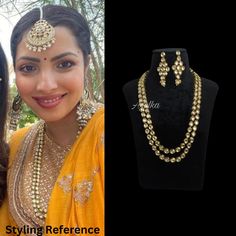 This Layered Kundan Necklace, a magnificent piece inspired by Sabyasachi's iconic designs. The Kundan Jewelry Set features a Long Kundan Necklace that exudes regal charm and elegance. With intricate Polki work, this piece becomes a dazzling addition to any bridal ensemble. The Jadau Jewelry elements add a touch of timeless beauty, making it a perfect choice for grand occasions. Embrace the splendor of this remarkable creation and elevate your style. *𝐏𝐑𝐎𝐃𝐔𝐂𝐓 𝐃𝐄𝐓𝐀𝐈𝐋* * Material: Bras Bollywood Style Kundan Necklace In Yellow Gold For Navratri, Gold Kundan Necklace For Festivals In Bollywood Style, Gold Bollywood Kundan Necklace For Festivals, Festive Yellow Temple Necklace, Gold Kundan Bollywood Necklace, Gold Bridal Necklace With Gota Work For Diwali, Gold Bollywood Kundan Necklace, Gold Kundan Necklace Bollywood Style For Ceremonial Events, Gold Bridal Necklace With Gota Work For Celebration