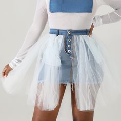 Make A Statement In This Beautiful Tulle Denim Mini Skirt. It Features Front Button Closures And Has Stretchy Denim Fabric. 95% Polyester 5% Spandex Model Is 5'5" And Is Wearing A Size Small. Denim And Tulle Skirt, Denim And Tulle, Black Lace Mini Skirt, Sequence Skirt, Mini Leather Skirt, Leopard Print Pencil Skirt, Accordion Skirt, Checked Skirt, Blue Floral Skirt