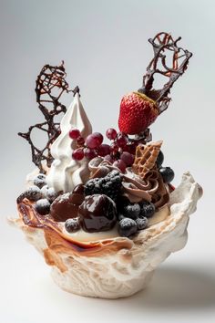 an ice cream sundae with chocolate, strawberries and whipped cream