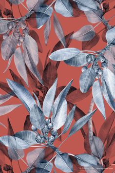 a red background with leaves and berries on it