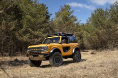 a yellow truck parked on top of a dry grass covered field next to pine trees