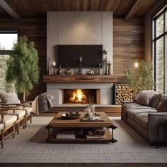 a living room filled with furniture and a fire place in the middle of it's wall