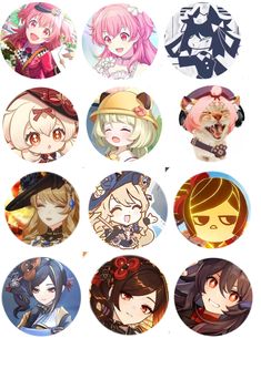 nine anime character badges with different faces and hair styles, all in various shapes and sizes