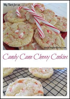 candy cane chewy cookies on a cooling rack with the words, my turn for us