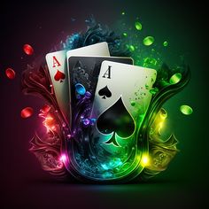 three playing cards are in front of an abstract background with lights and water droplets on it