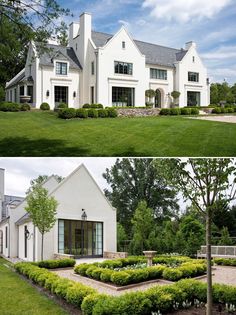 two pictures of a white house in the middle of a green yard with hedges and trees