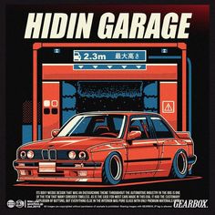 the poster shows an orange car parked in front of a gas station, which is red and blue