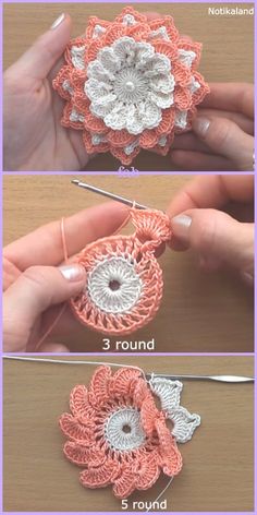 crochet flowers are shown in three different stages to make them look like they have been