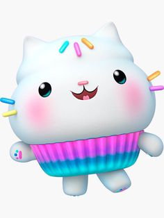 a white cat with sprinkles on its head is holding a cupcake