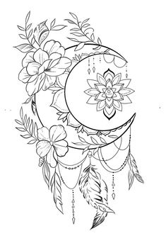 a black and white drawing of a crescent with flowers on the side, surrounded by feathers