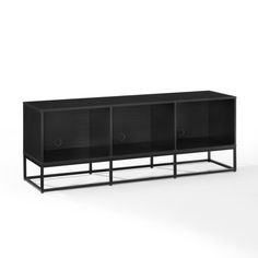 a black cabinet with three doors on one side and an open shelf on the other