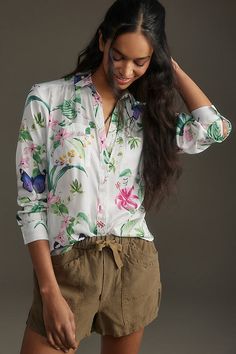 Polyester Front patch pockets Button front Machine wash Imported | Relaxed Buttondown Blouse by Anthropologie in White, Women's, Size: XL, Polyester Anthropologie Tops Blouses, Print Blouses, Summer Blouses, Anthropologie Top, Clothes Ideas, 50 Fashion, Summer Travel, Shop Decoration, Printed Blouse