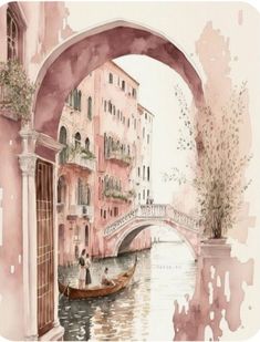 a watercolor painting of a gondola going under a bridge in venice, italy