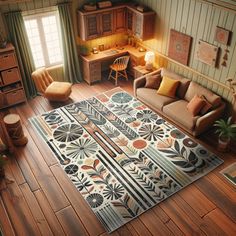 a living room filled with furniture and lots of wood flooring on top of a wooden floor