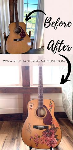 a guitar sitting on top of a wooden floor next to a window with the words before after